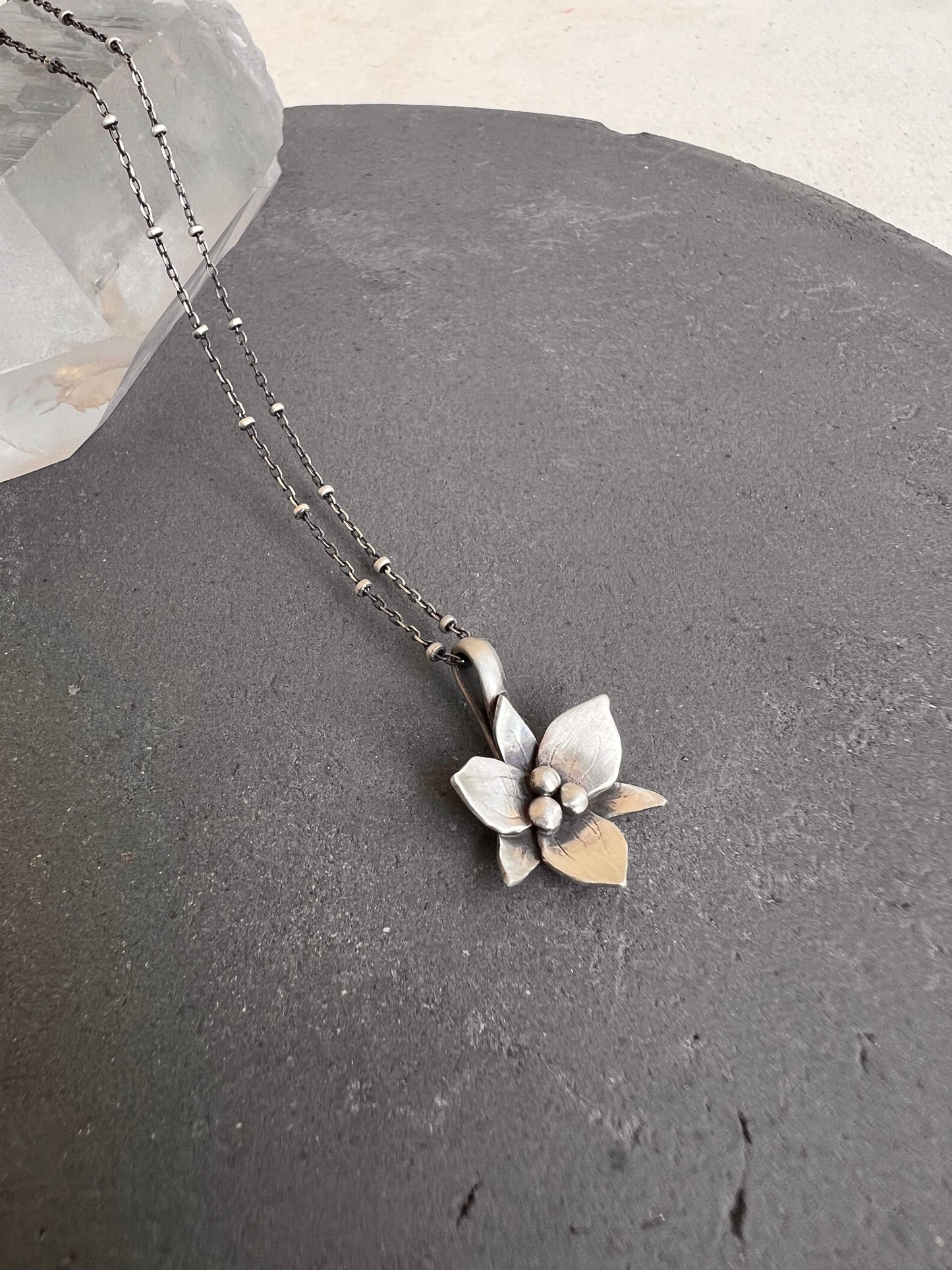 Trillium Flower Charm Sterling Silver Necklace 18"