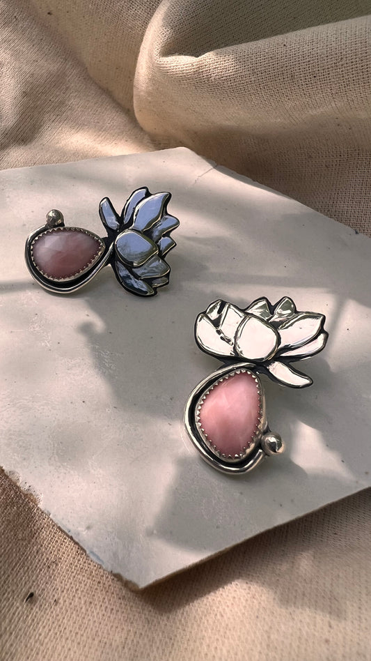 Faceted Pink Opal Lotus Bloom Stud Earrings