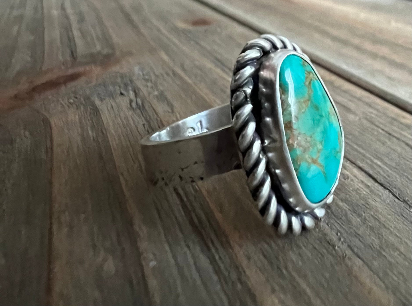 Royston Turquoise Sterling Silver Ring, Thick Textured Band, Size 10