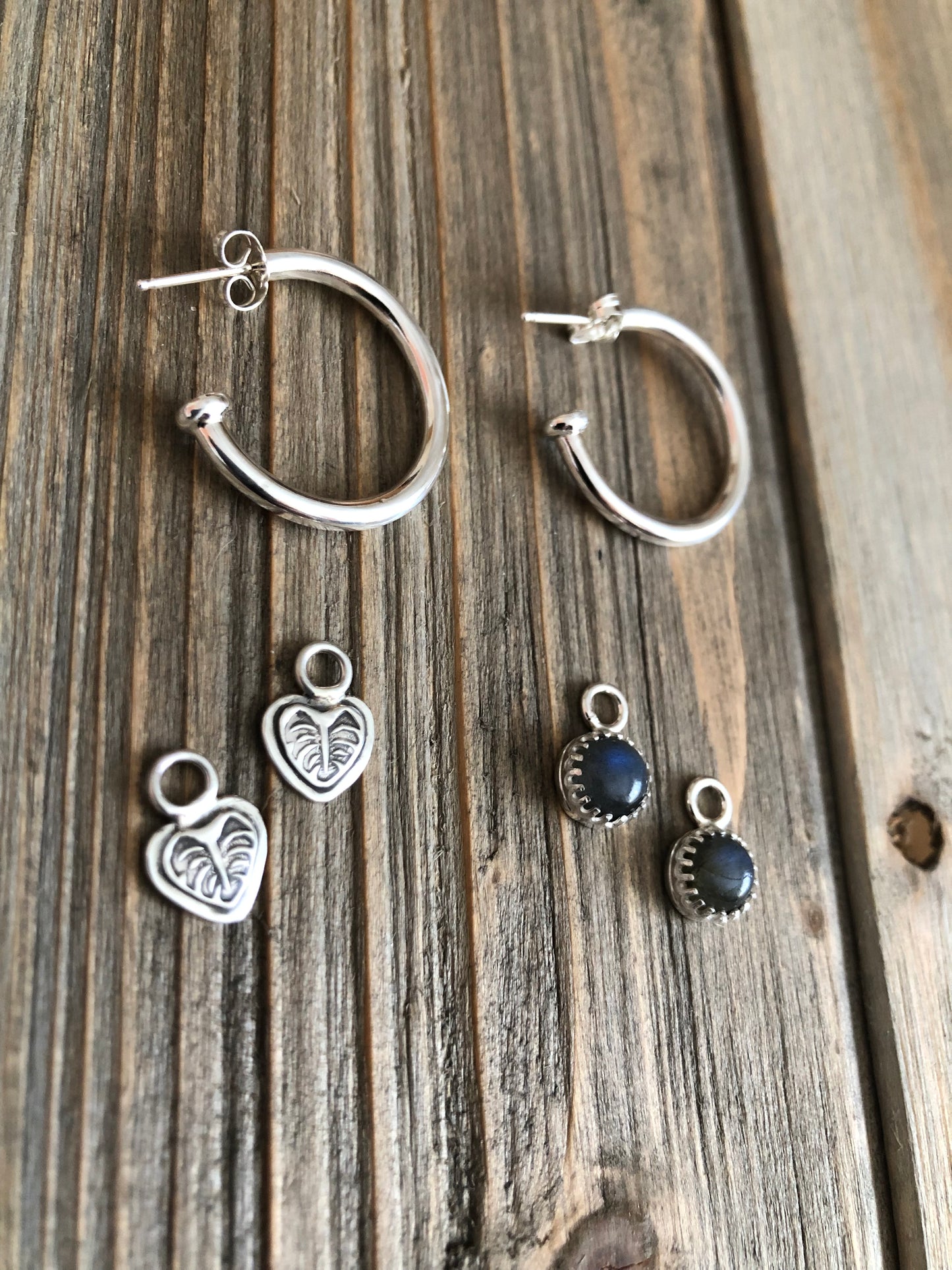Sterling Silver Hoops with Charms - Monstera Leaf & Labradorite