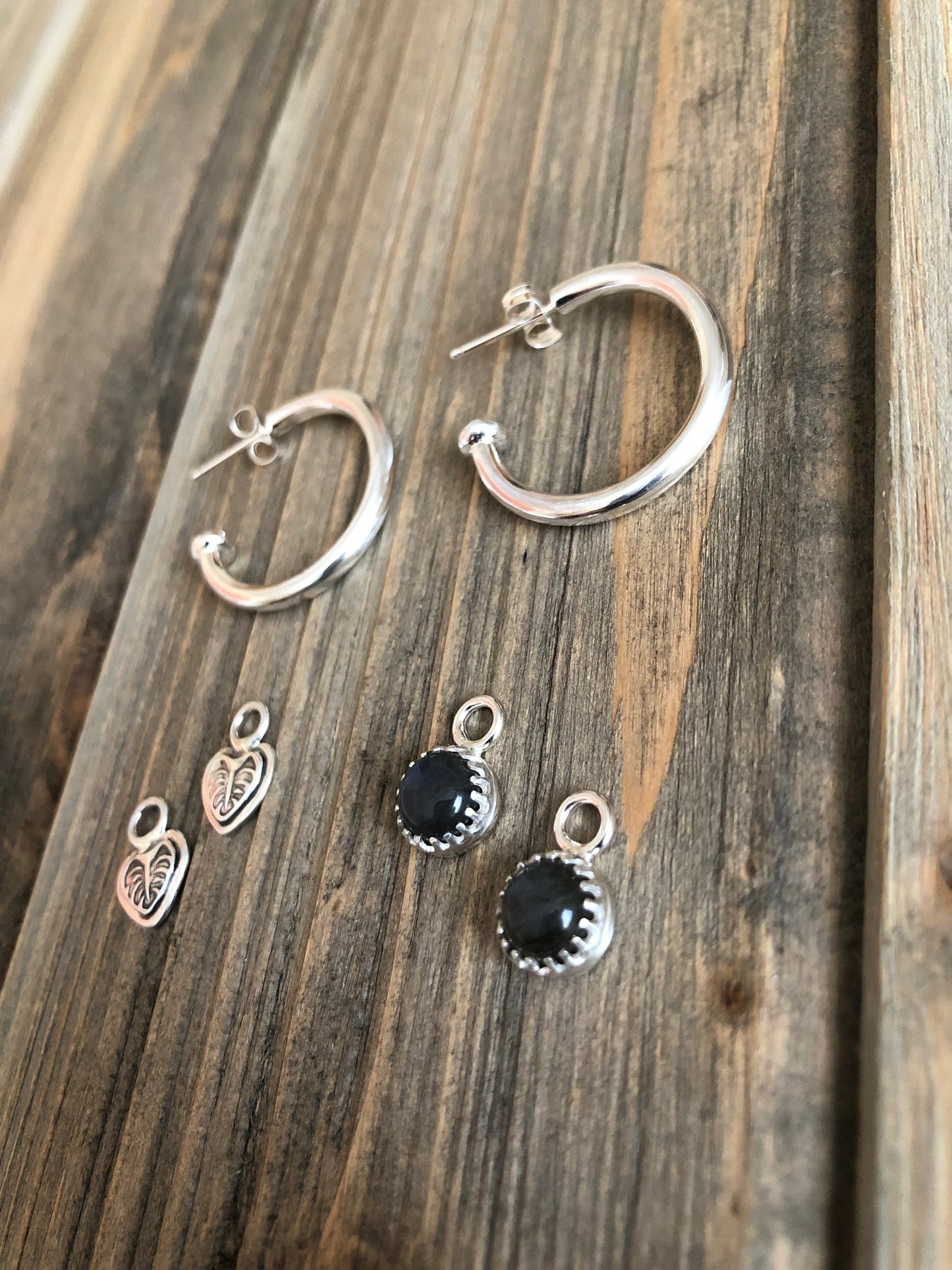 Sterling Silver Hoops with Charms - Monstera Leaf & Labradorite