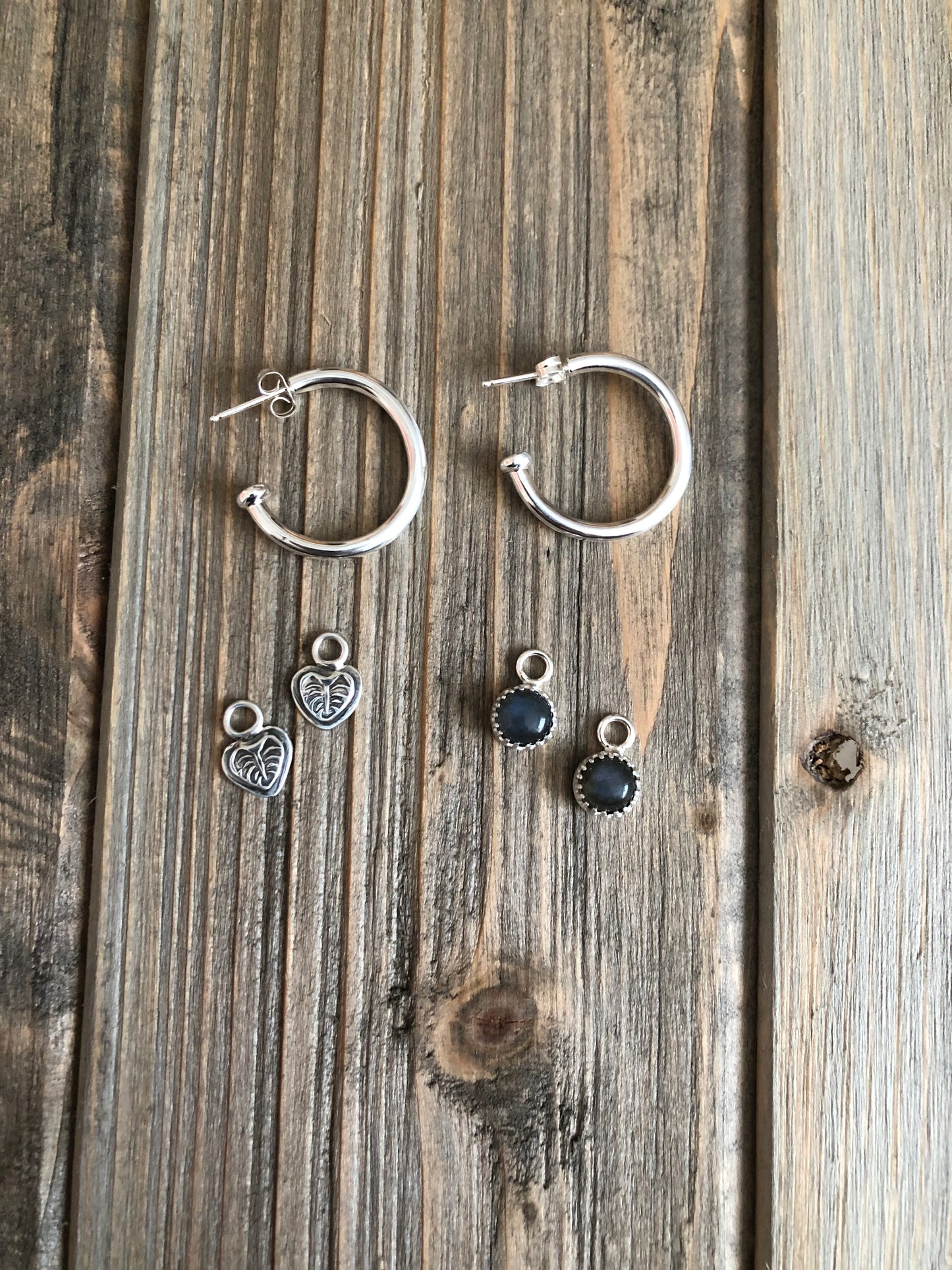 Sterling Silver Hoops with Charms - Monstera Leaf & Labradorite